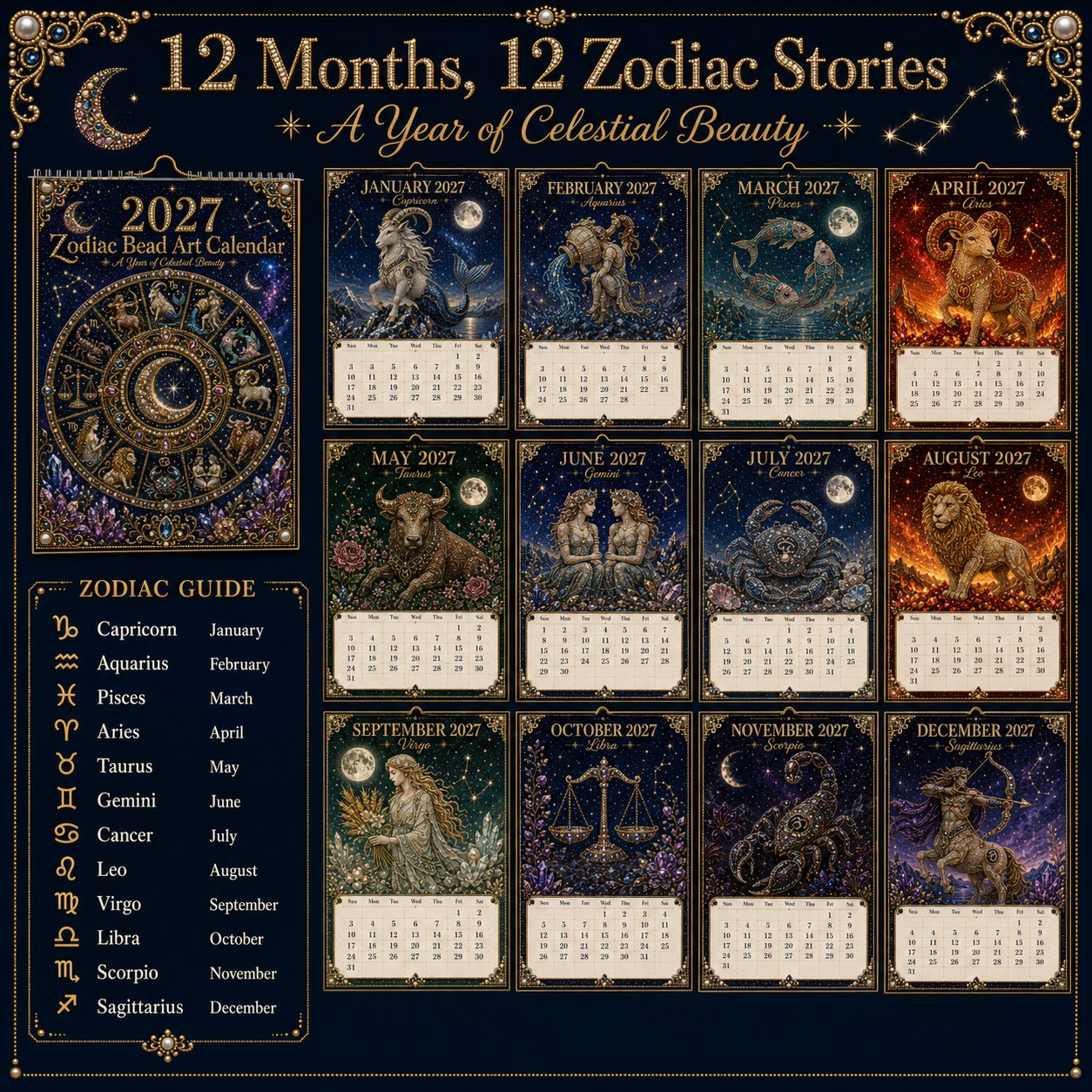 ⏳ Last Day 49% OFF – 🌙 Beginner-Friendly 2027 Twelve Zodiac Bead Art Calendar Kit | Complete Kit with Zodiac Design Base, Decorative Beads & Step-by-Step Guide Included 💕