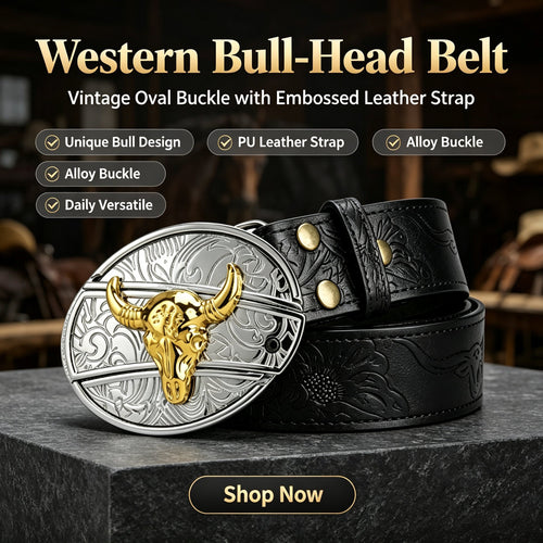 Bull‑Head Metal Buckle Embossed PU Leather Belt for Men
