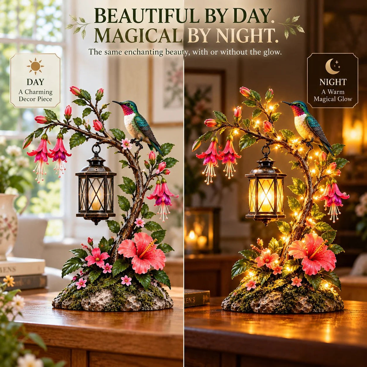 Hummingbird Garden Lantern Light - Lighted Floral Table Decor