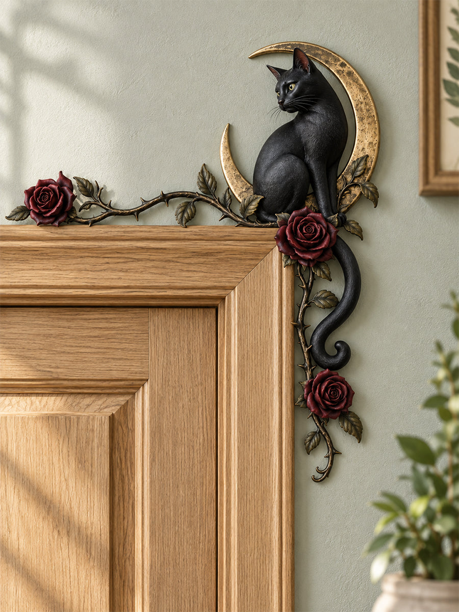 🌙 Gothic Black Cat & Red Rose Moon Door Frame Corner Decor