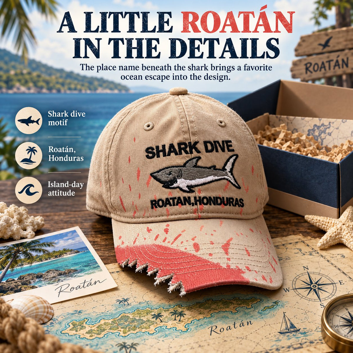🦈 Shark Bite Baseball Cap | Embroidered Shark • Bite-Shaped Frayed Brim