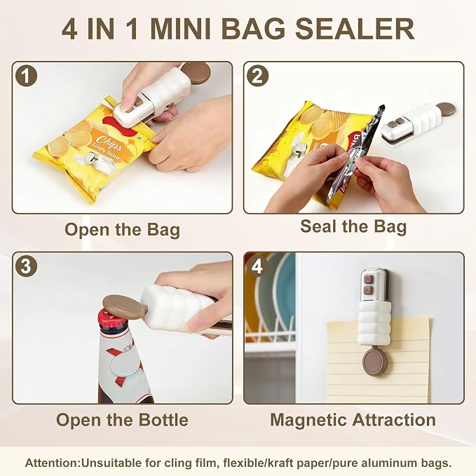 4 in 1 Mini Bag Sealer, Upgraded Mini Bag Sealer with Cutter and Magnet