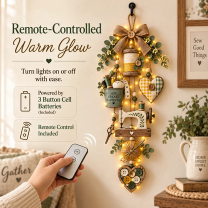🔥🧵✨ Rustic Wooden Sewing - Themed Hanging Ornament with Remote Control Fairy Lights