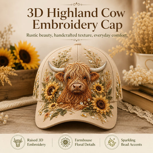 🔥LAST DAY 50% OFF -- 🦬3D Highland Cow Embroidery Cap🧢(Breathable & Lightweight Comfort & Unisex Fit)