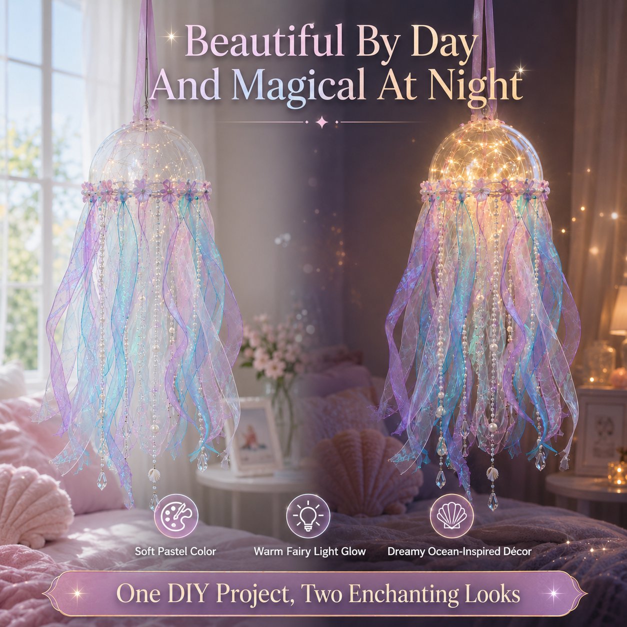 🎁 BUY 2 & GET FREE SHIPPING – 🪼 DIY Glowing Jellyfish Hanging Decoration Kit | Dreamy Floating Glow with Iridescent Ribbons, Pearls & Fairy Lights ✨