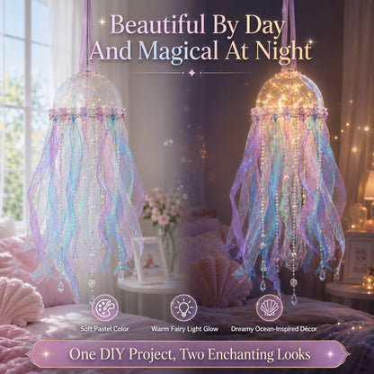 🎁 BUY 2 & GET FREE SHIPPING – 🪼 DIY Glowing Jellyfish Hanging Decoration Kit | Dreamy Floating Glow with Iridescent Ribbons, Pearls & Fairy Lights ✨