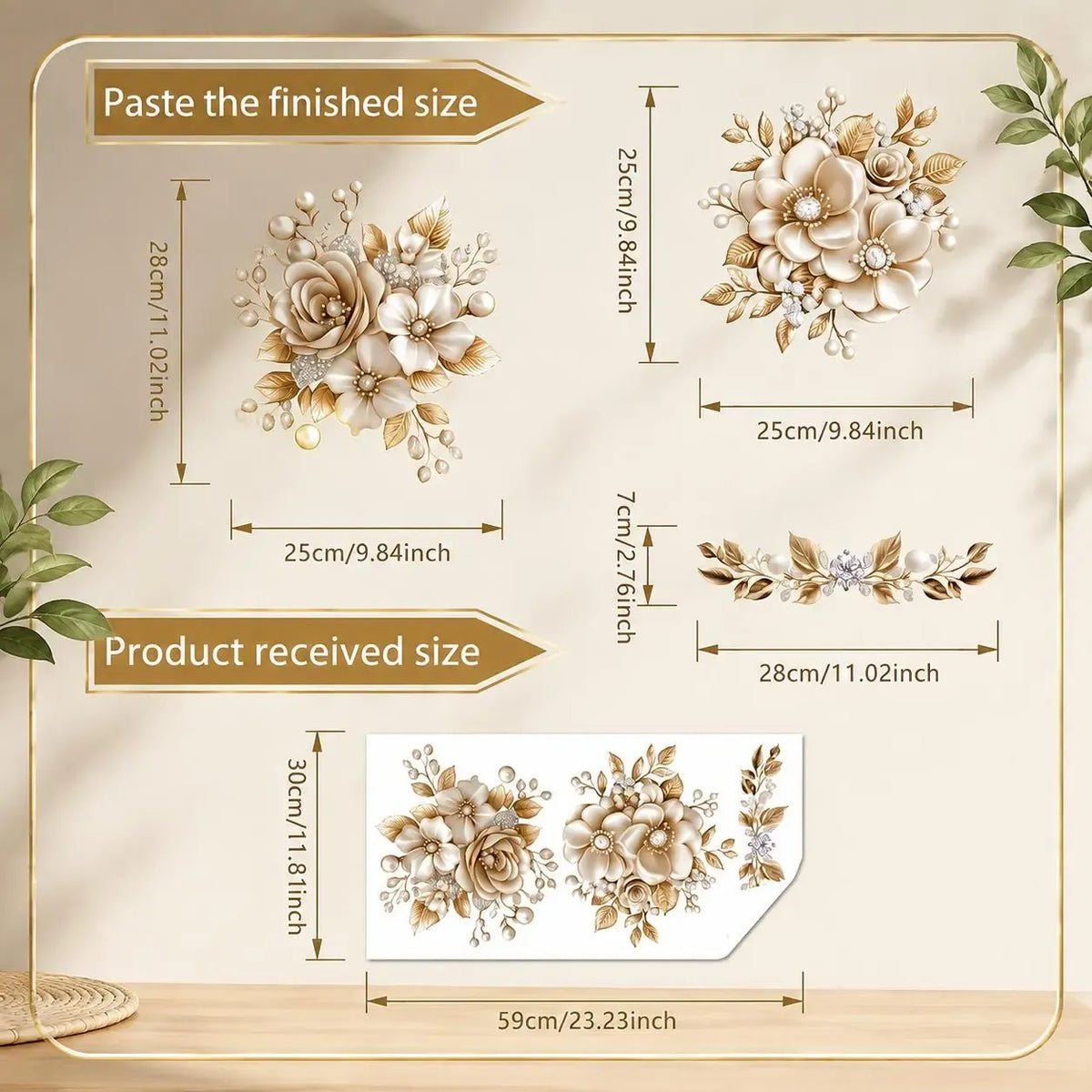 🌸3 Piece Golden Floral Toilet Stickers – Pearl-Inspired Bathroom Decals