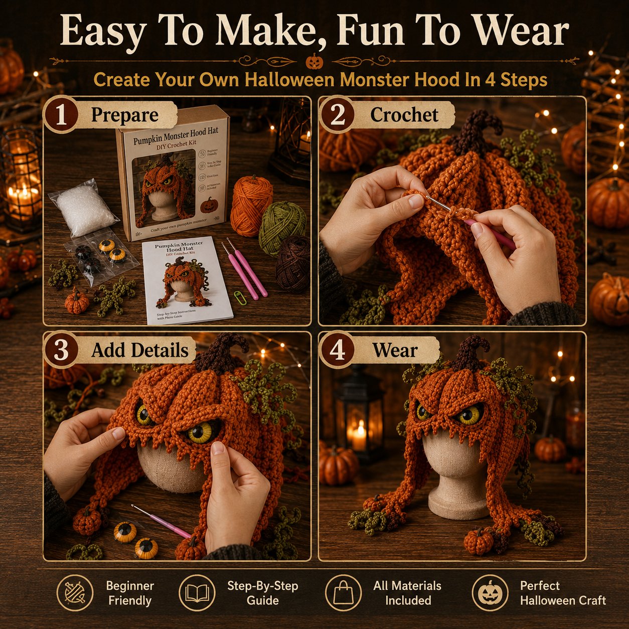 🎃 Halloween Monster Hood DIY Crochet Kit | Premium Soft Yarn Materials with Step-by-Step Guide DIY Handmade Wearable Character Hood 🧶🎭✨