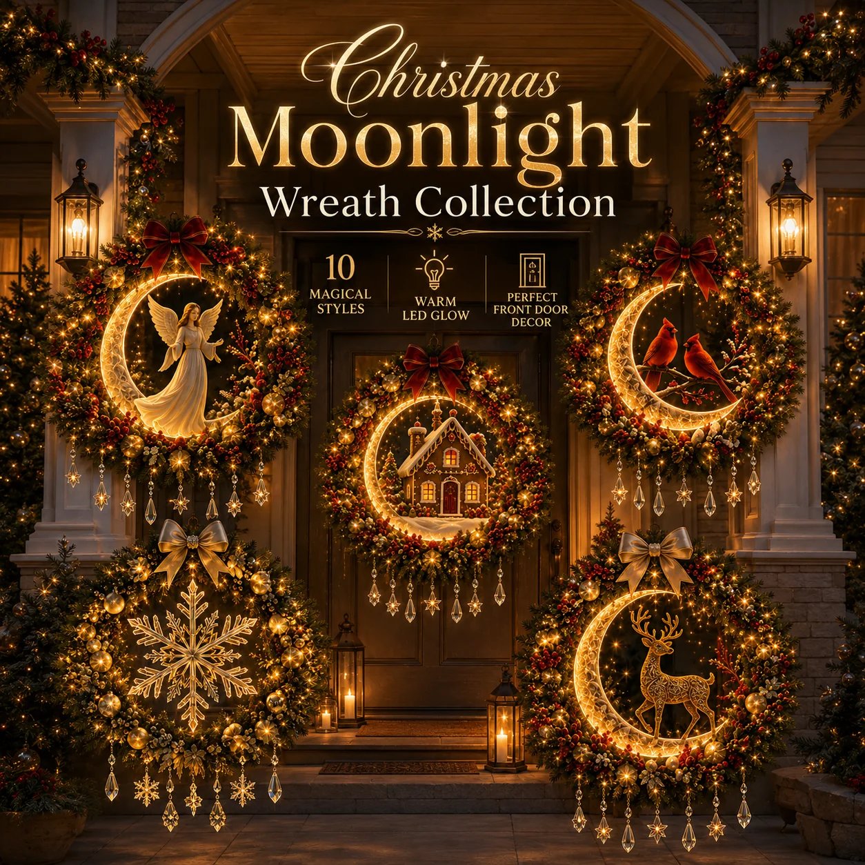 🎄✨ Christmas Moonlight Wreath Collection – Lighted Holiday Door Decor