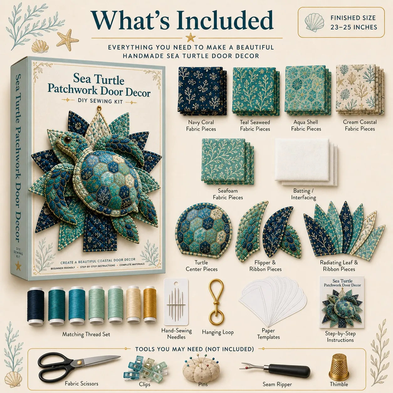 ⏳ Last Day 49% OFF – 🌊 Beginner-Friendly DIY Large Coastal Quilted Seaside Wreath Sewing Kit Collection | Complete Kit with Coordinated Fabrics, Sewing Materials & Step-by-Step Guide Included 💕