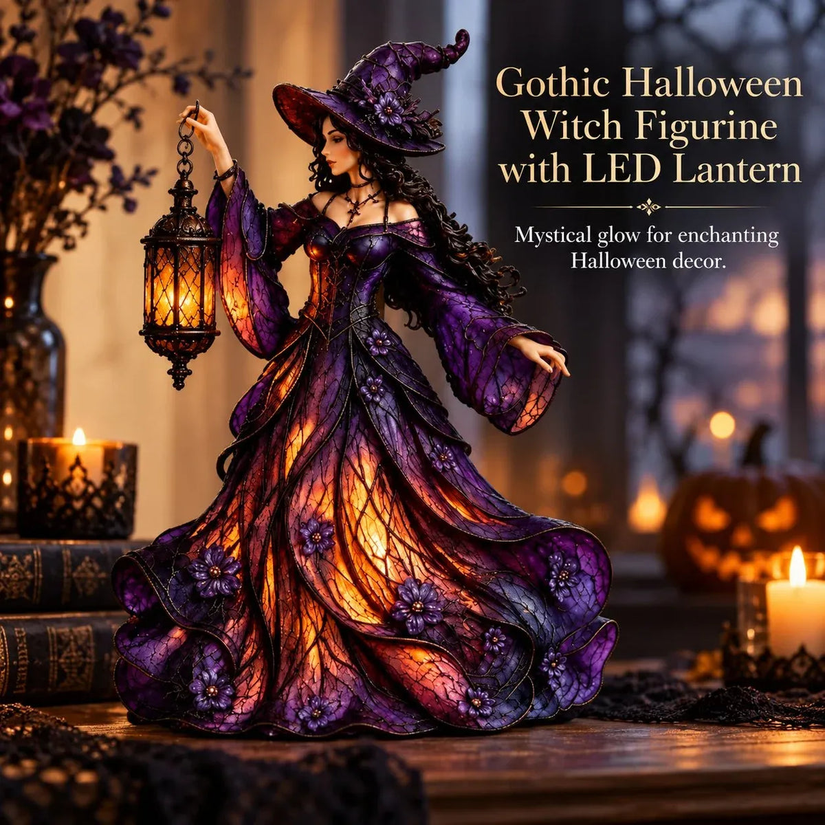 ⏳ Last Day 49% OFF – 🧙 Gothic Witch Lantern Figurine | Warm LED Glow for Shelves, Mantels & Halloween Displays 🎃