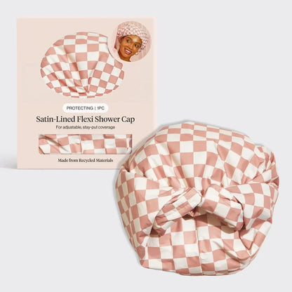 Gingham Blue Satin Lined Flexi Shower Cap