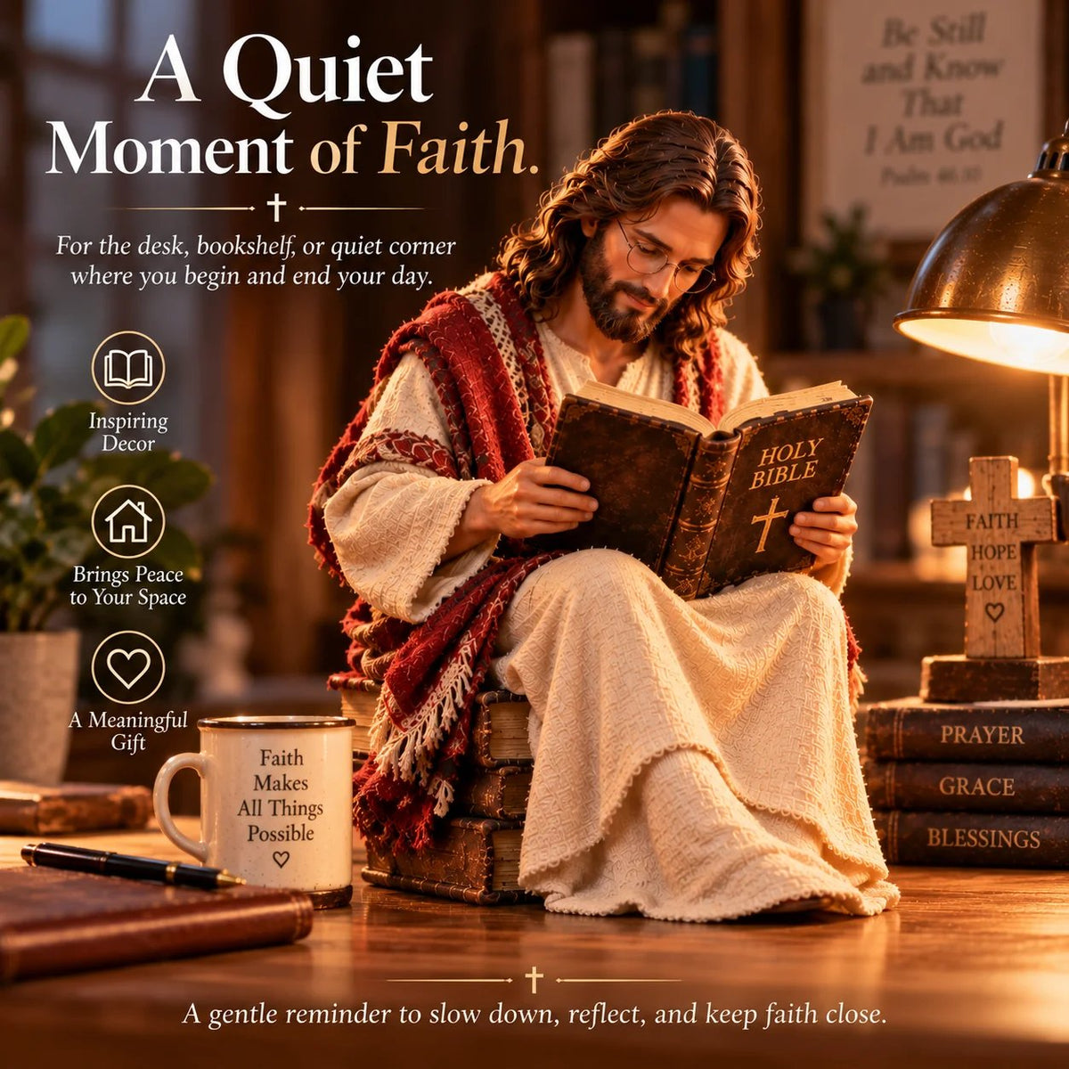 ✝️ Keep Faith Close – Jesus Reading the Bible Figurine