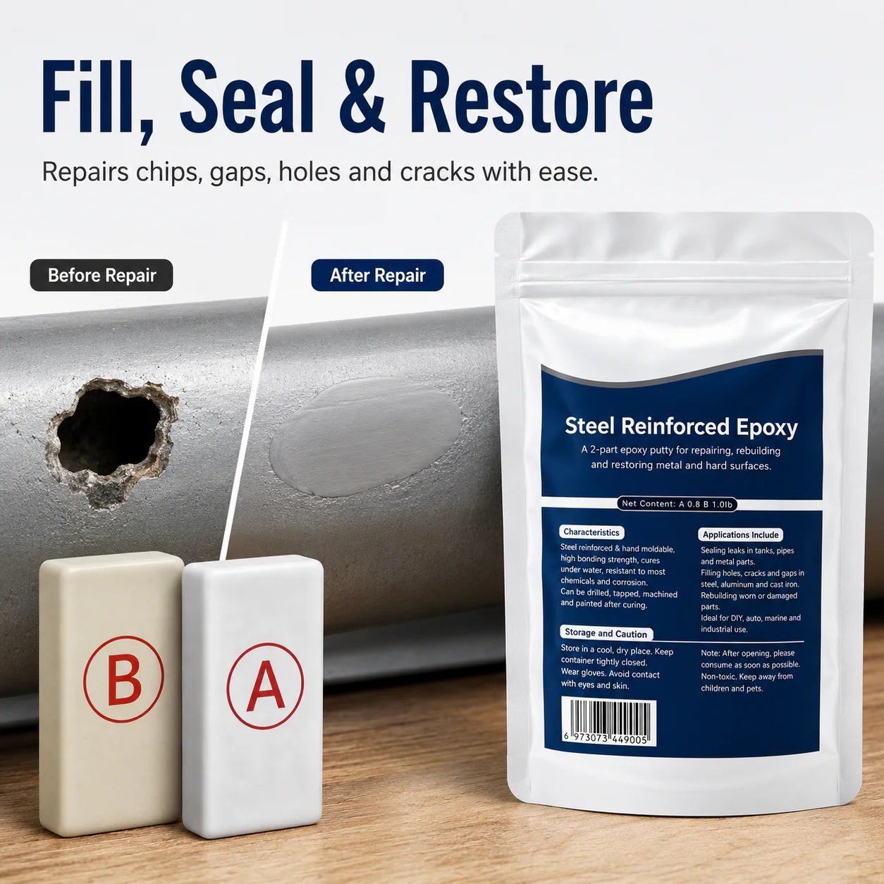 🔧Steel Reinforced Epoxy Repair Putty – Multi-Surface Moldable Epoxy for Metal, Wood & Hard Surfaces, Patch Cracks Gaps Holes, Sandable & Paintable, Water-Resistant🛠️