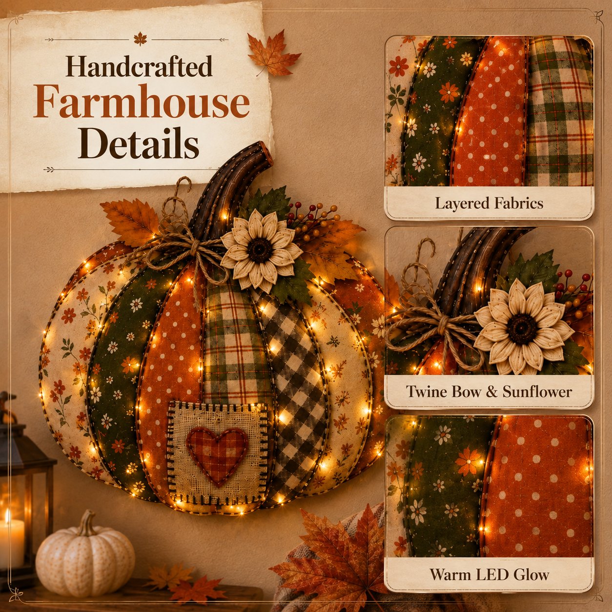 🎃 3D Light Up Pumpkin Hanging Decoration – Rustic Farmhouse Fall Door & Wall Decor