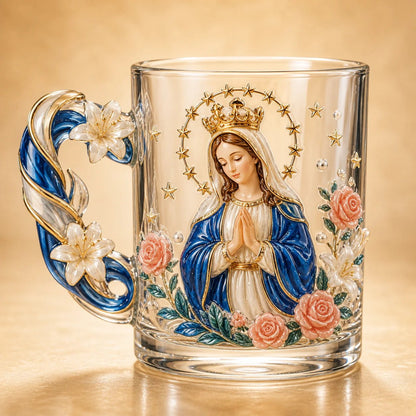 ⏳ Last Day 49% OFF – ✝️ 3D Christian Devotional Glass Mug Collection | 12oz Premium Clear Glass with Raised Jesus & Virgin Mary Figures, Sculptural Details & Jewel-Inspired Accents ✨