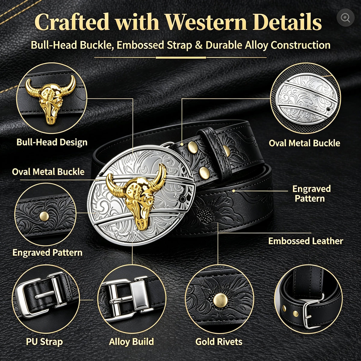 Bull‑Head Metal Buckle Embossed PU Leather Belt for Men