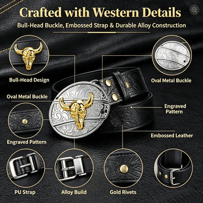 Bull‑Head Metal Buckle Embossed PU Leather Belt for Men