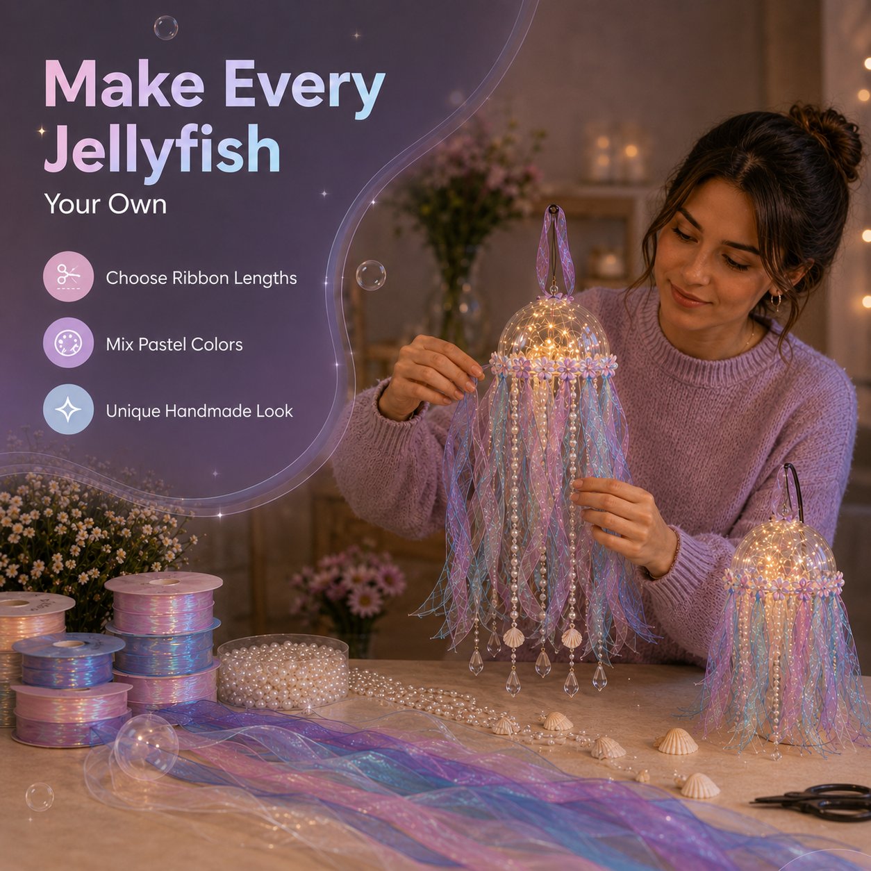 🎁 BUY 2 & GET FREE SHIPPING – 🪼 DIY Glowing Jellyfish Hanging Decoration Kit | Dreamy Floating Glow with Iridescent Ribbons, Pearls & Fairy Lights ✨