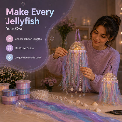 🎁 BUY 2 & GET FREE SHIPPING – 🪼 DIY Glowing Jellyfish Hanging Decoration Kit | Dreamy Floating Glow with Iridescent Ribbons, Pearls & Fairy Lights ✨