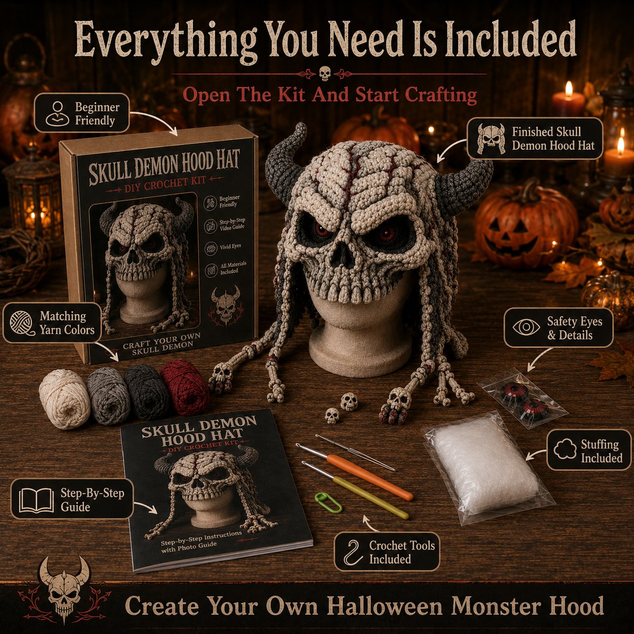 🎃 Halloween Monster Hood DIY Crochet Kit | Premium Soft Yarn Materials with Step-by-Step Guide DIY Handmade Wearable Character Hood 🧶🎭✨