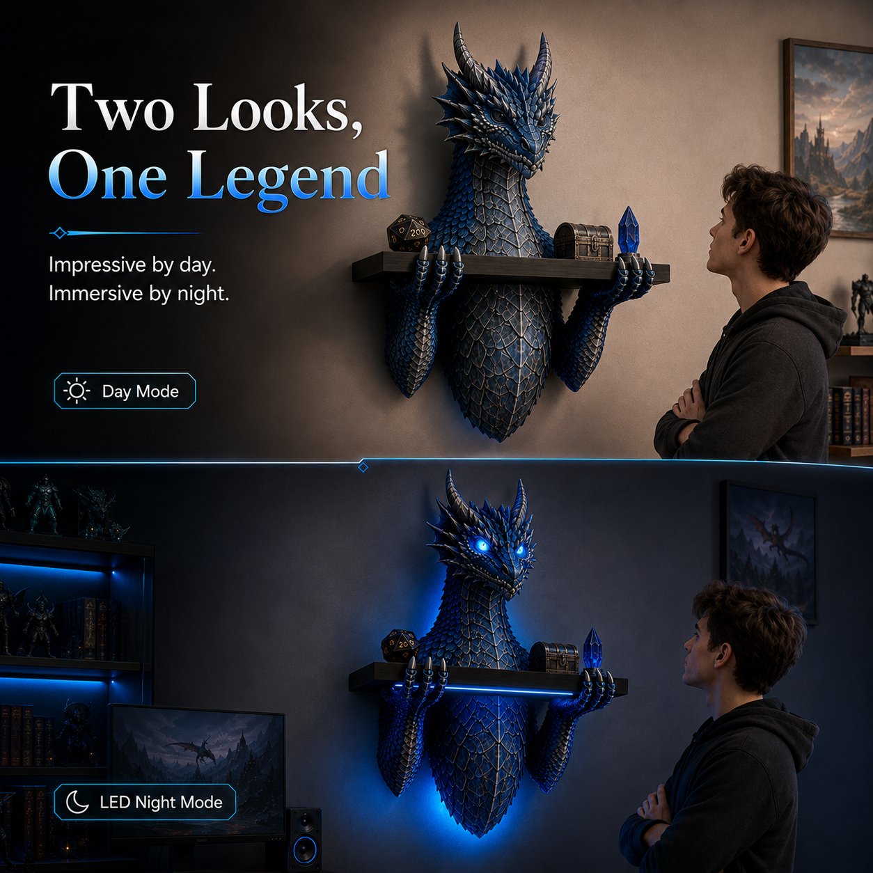 LED Dragon Bust Wall‑Mounted Sculpture Fantasy Themed Wall Decor With Blue Ambient Light For Game Room & Living Space