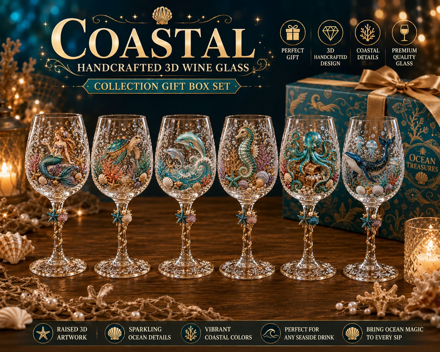 ⏳ Last Day 49% OFF – 🌊 3D Ocean Treasures Sculpted Glass Collection | Premium Clear Stemware with Raised Marine Figures, Shell & Pearl Details & Underwater-Inspired Accents ✨