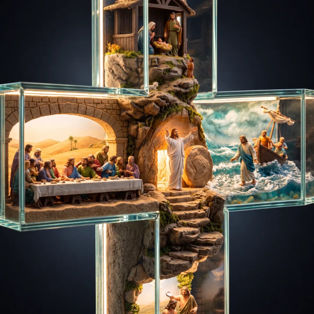 ✝️ Illuminated Story of Jesus Cross | 6 Relief Scenes