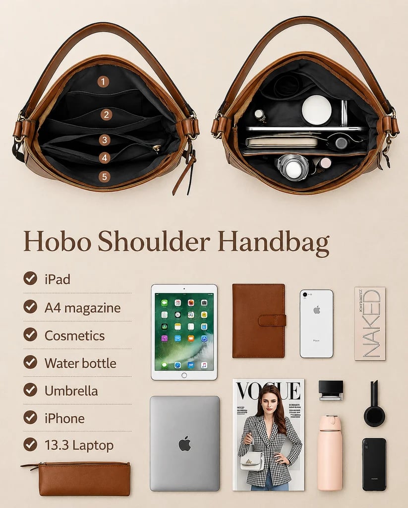Luxury Leather Hobo Bag Anti-Theft Handbag + FREE Pouch Wallet