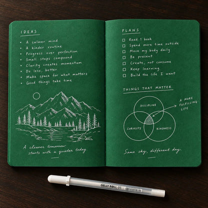 💚 Deep Green Blank Notebook with White Gel Pen | Aesthetic Writing & Sketch Journal
