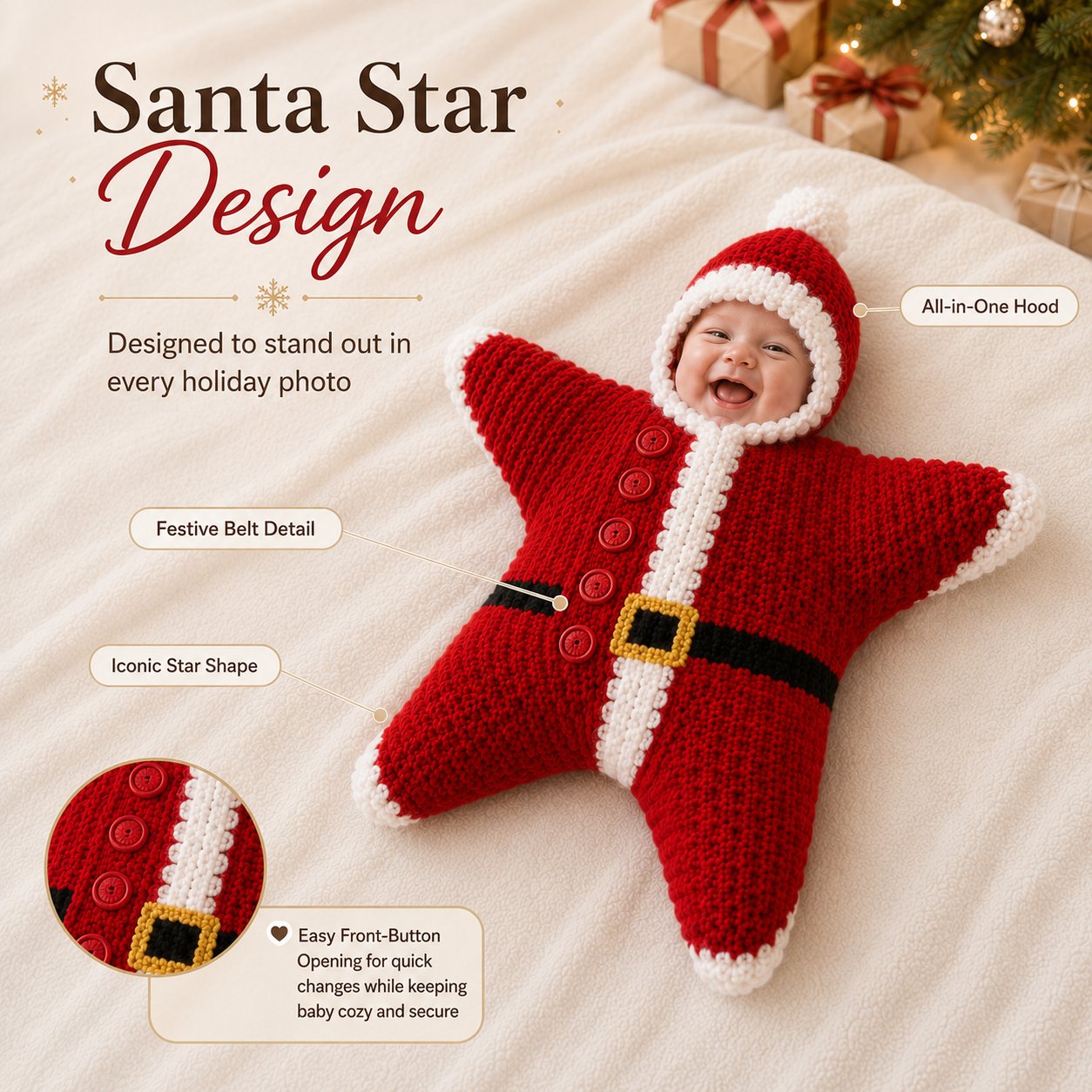 ⏳ Last Day 49% OFF – 🎅 Baby’s First Christmas Keepsake Star Outfit | One Size Fits Most Babies, Soft Knitted Santa Cocoon with Front Button Opening for Holiday Photos ✨