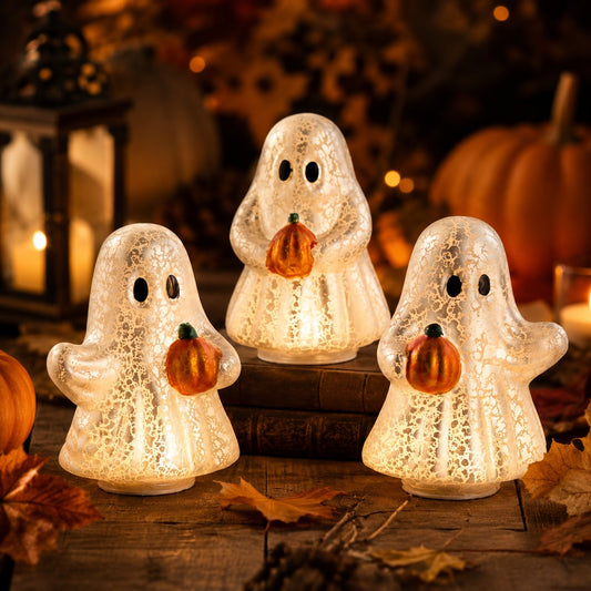 👻 Set of 3 Illuminated Mercury Glass Ghosts-Turn Any Corner Into A Charming Halloween Scene