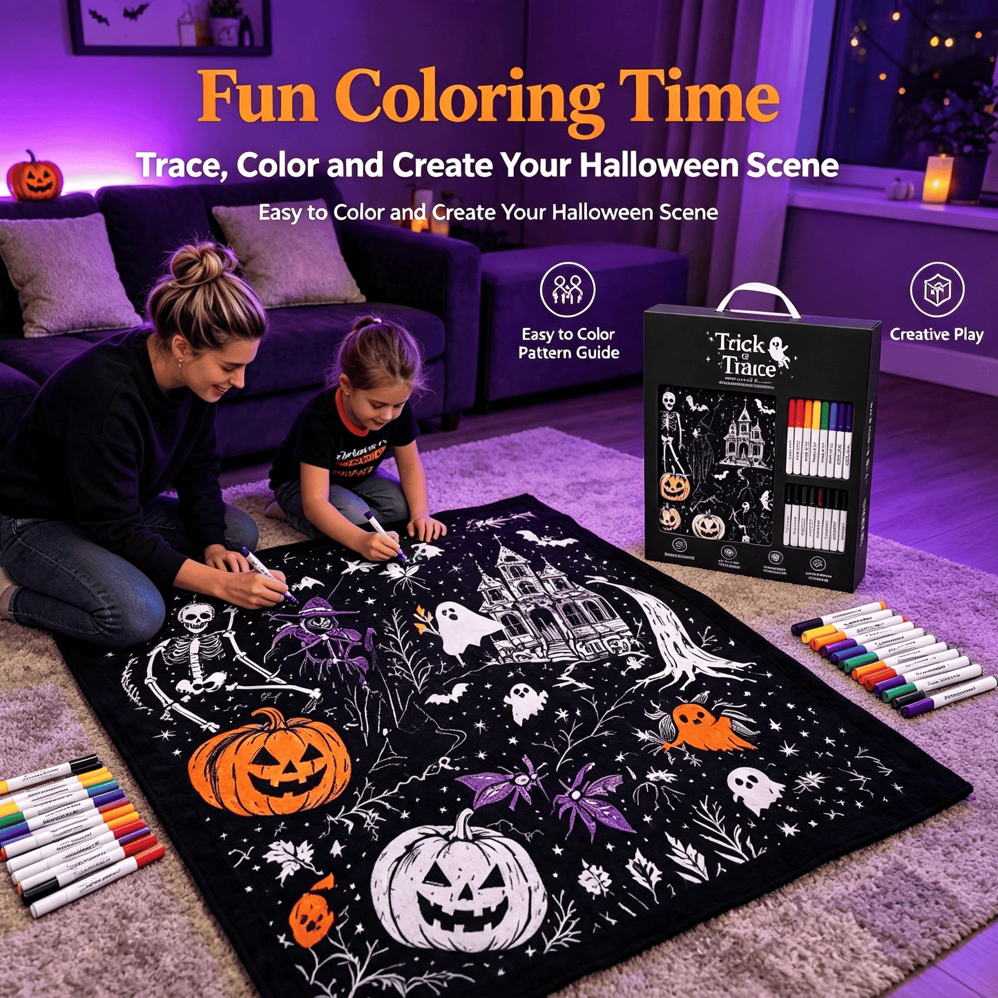 Halloween Trick or Trace Coloring Blanket Set with 24 Permanent Markers