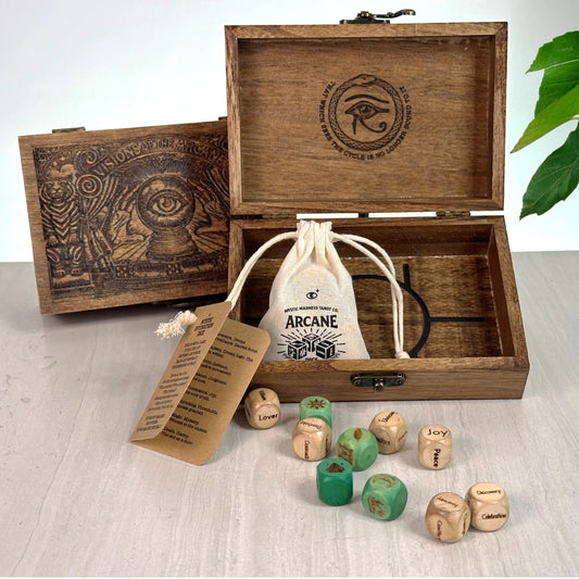 🔮🎲Arcane Divination Dice Set – Engraved Wooden Box, Oracle Dice for Tarot Ritual, Handcrafted Intuition Amplifier