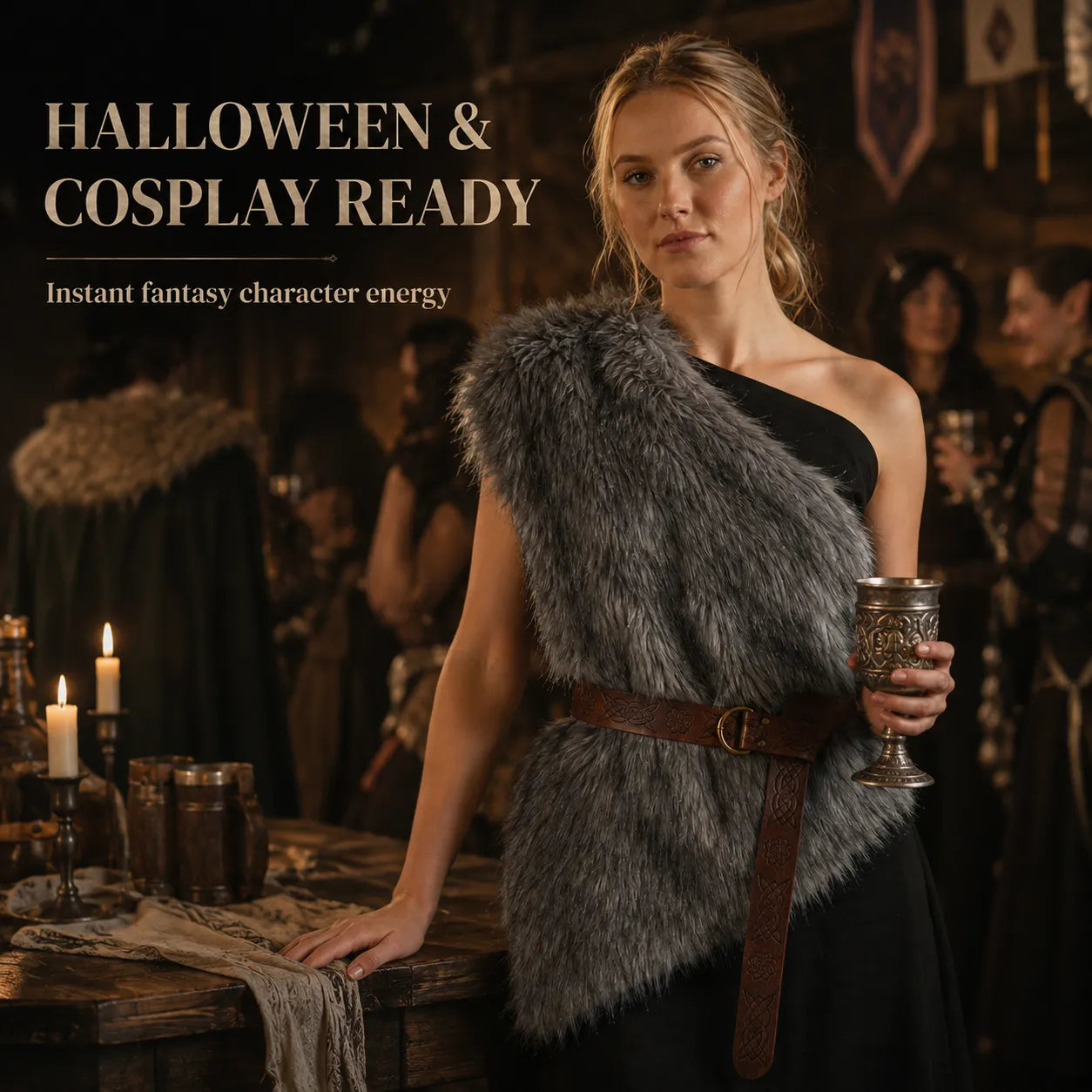 🐺 Viking-Inspired Faux Fur Shoulder Cape – Barbarian Halloween Cosplay Costume
