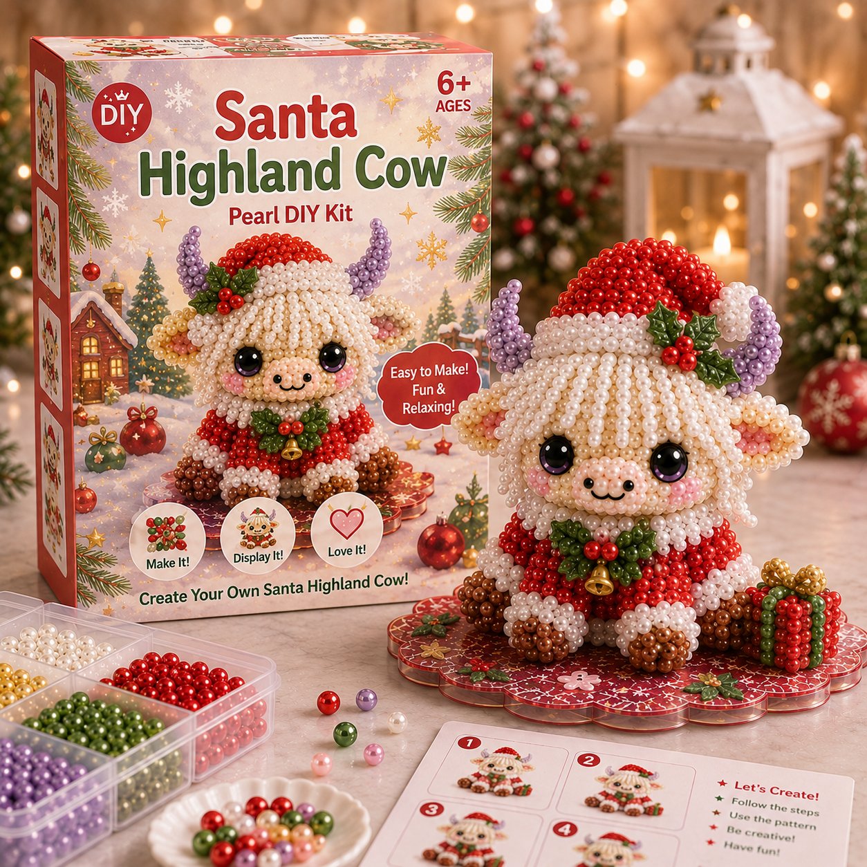 ⏳ Last Day 49% OFF – 🎄Beginner-Friendly Christmas Highland Cow 3D Pearl Bead DIY Kit | Complete Kit with All Tools & Step-by-Step Guide Included 💕