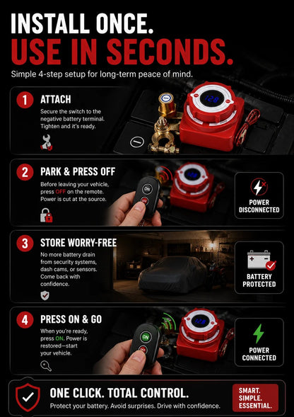 🔋Smart Remote Battery Disconnect Switch | Built-In Digital Voltage Display & Dual Wireless Key Fobs