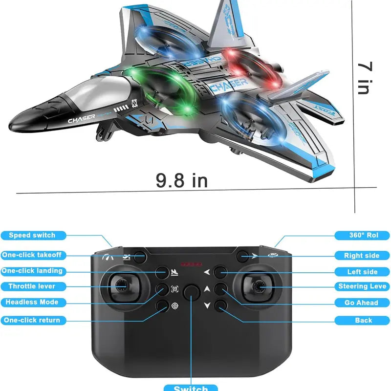 RC Flying Fighter Jet Toy with LED Lights & Stunt Rotation – Durable EVA Foam Remote Control Plane