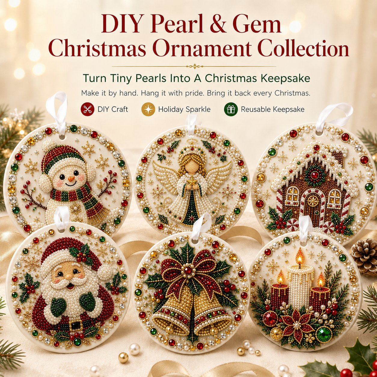 ✨ DIY Pearl & Gem Christmas Ornament Collection