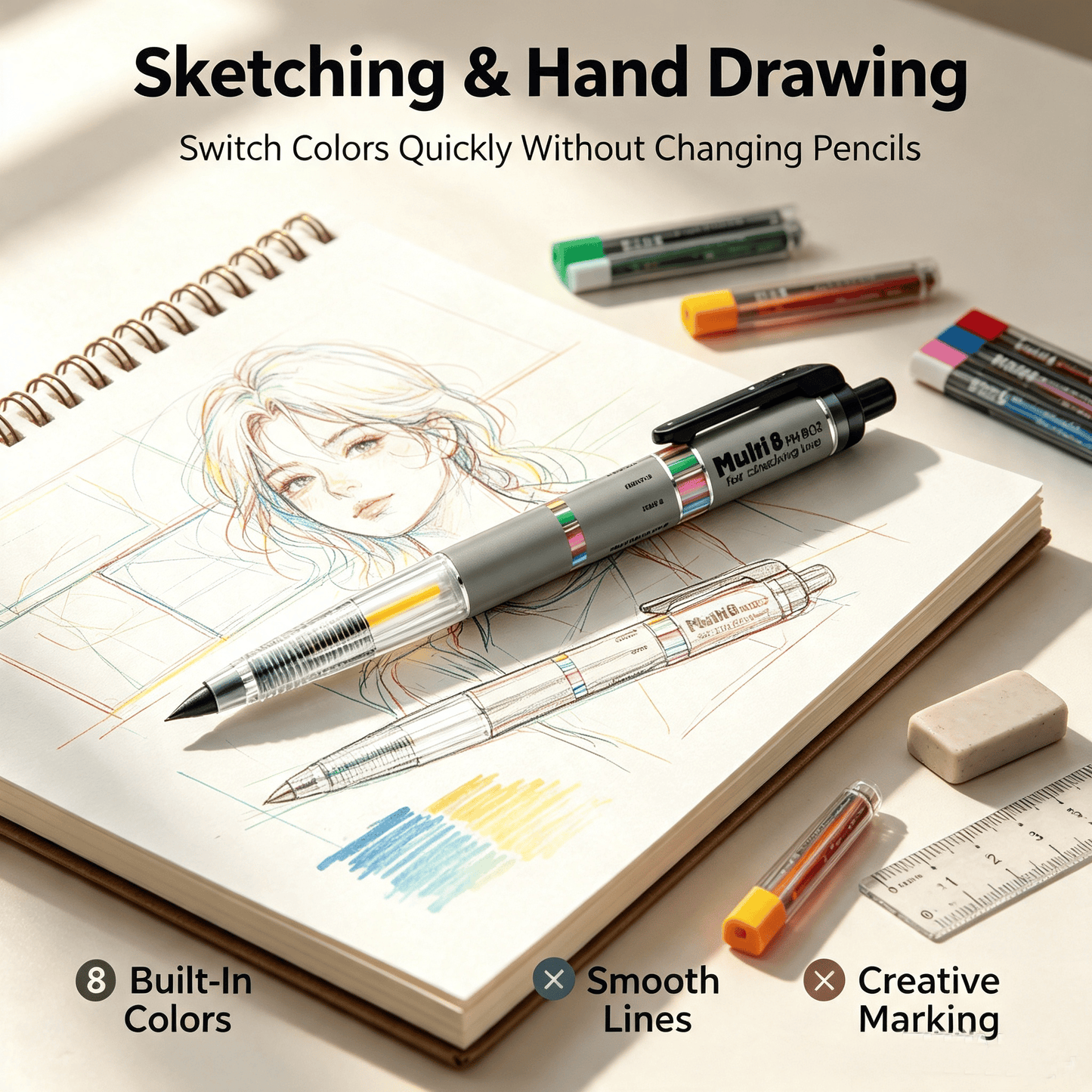 Multi‐Color Mechanical Pencil, 8‐in‐1 Rotating Select Color Pencil