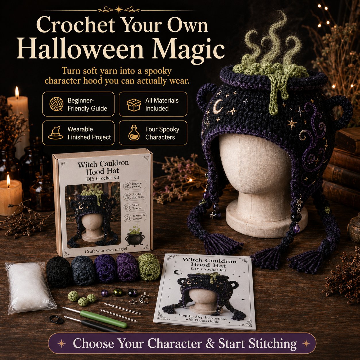 🔥 LAST DAY 49% OFF – 🎃✨ Halloween Hood Hat DIY Crochet Kit | Premium Soft Yarn Materials with Step-by-Step Guide DIY Handmade Wearable Spooky Character Hood 🧶🎭✨