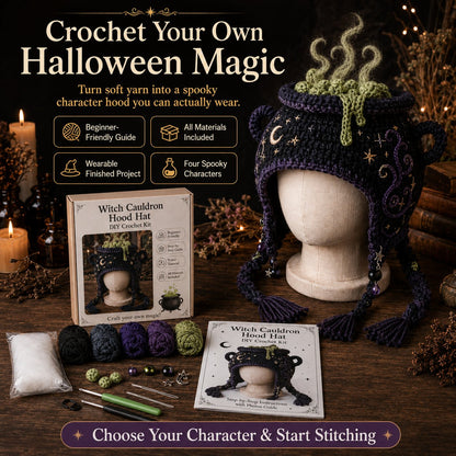 🔥 LAST DAY 49% OFF – 🎃✨ Halloween Hood Hat DIY Crochet Kit | Premium Soft Yarn Materials with Step-by-Step Guide DIY Handmade Wearable Spooky Character Hood 🧶🎭✨