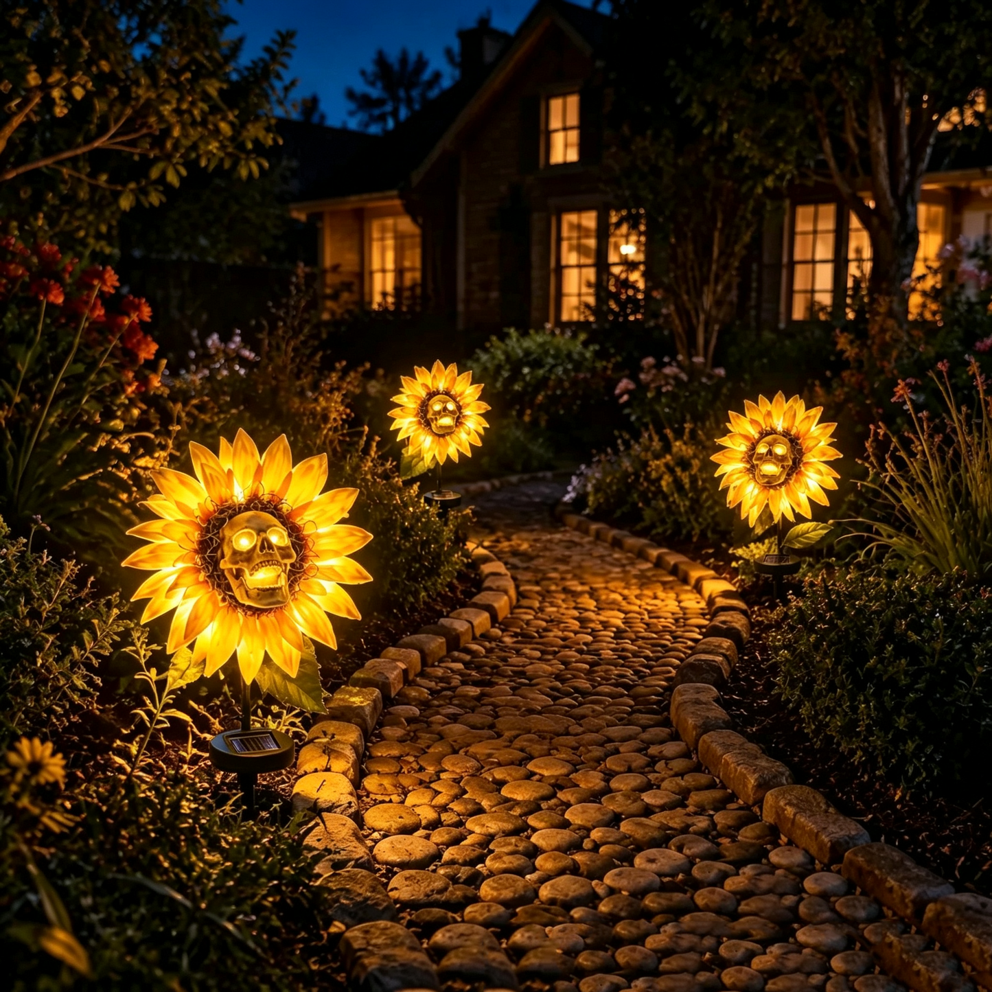 💀Solar Sunflower Skull Stake Lights - Waterproof LED Halloween Pathway Decor