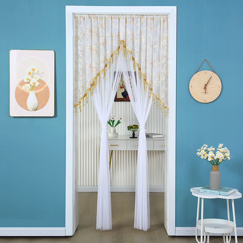 🎀 Extra-Wide Embroidered Beaded Doorway Curtain – Romantic Sheer Tie-Back Divider