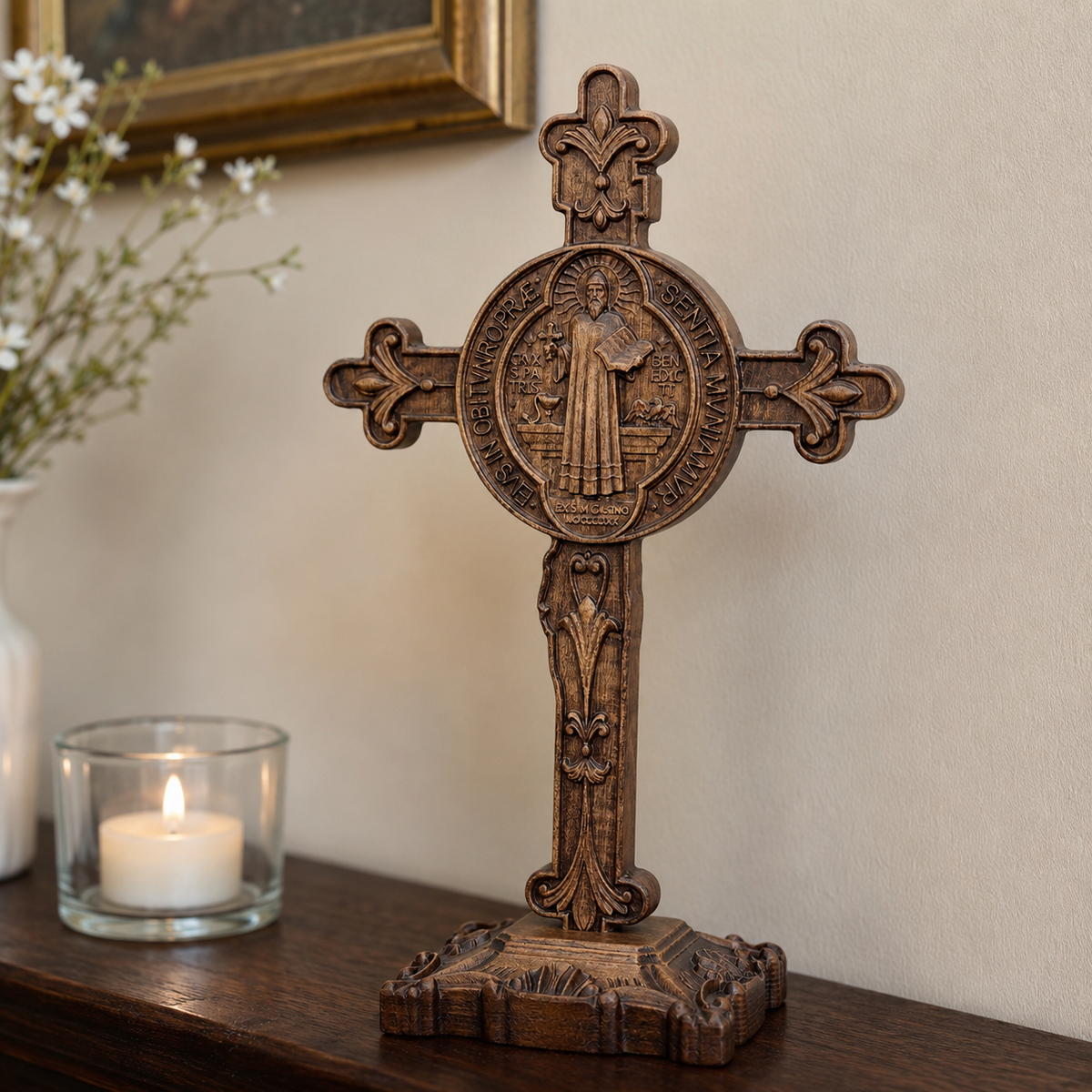 Hand-Carved Beechwood Saint Benedict Crucifix – Double-Sided Christian Standing Cross