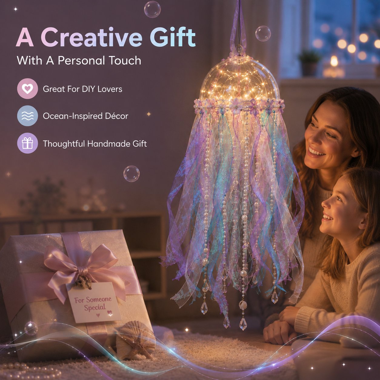 🎁 BUY 2 & GET FREE SHIPPING – 🪼 DIY Glowing Jellyfish Hanging Decoration Kit | Dreamy Floating Glow with Iridescent Ribbons, Pearls & Fairy Lights ✨