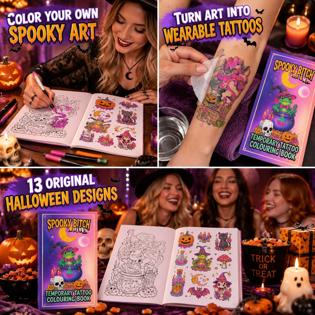 Spooky Bitch Halloween Temporary Tattoo Colouring Book 🐸🎃