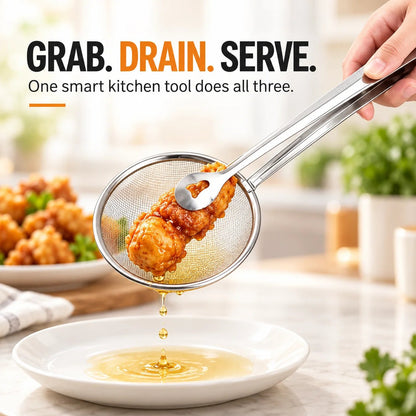 🔥 2pack-2-in-1 Stainless Steel Strainer Tongs – Grab, Drain & Serve with One Tool