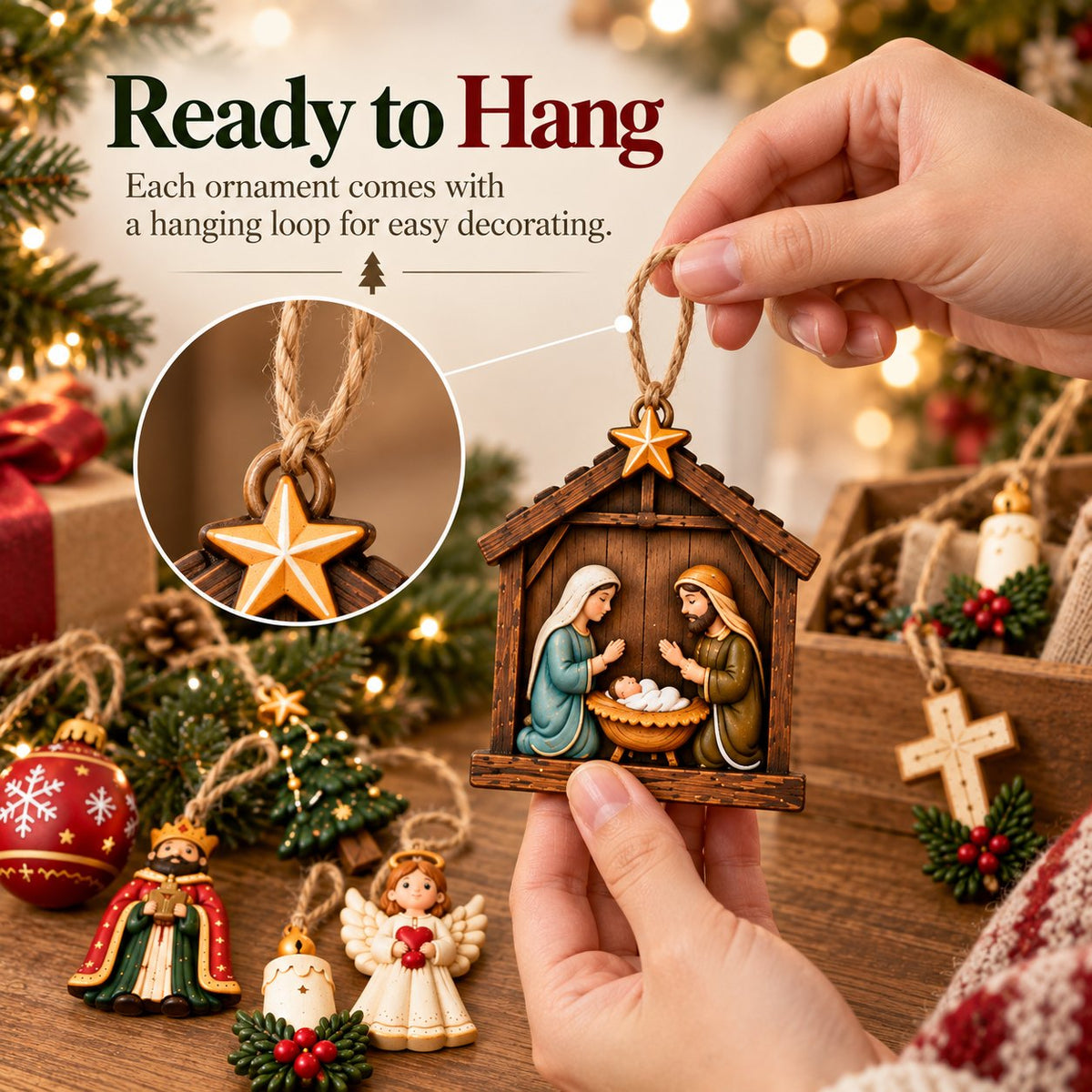 🎄 Set of 10 wooden ornaments featuring nativity and Christmas motifs
