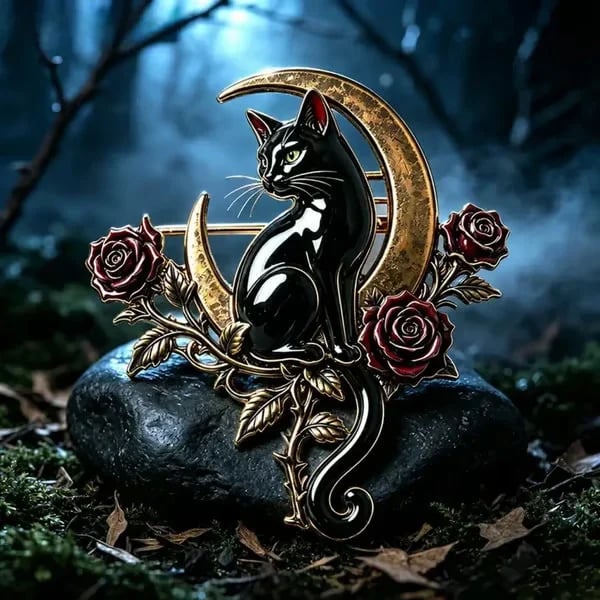 🐈‍⬛🌙 Black Cat Crescent Moon Brooch – Gothic Rose Statement Pin